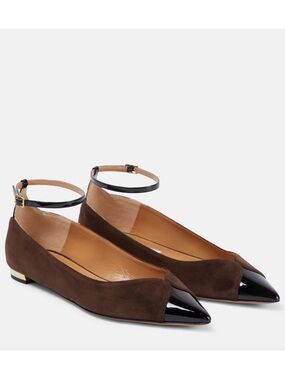 Aquazzura Brown Suede Flats with Black Patent Pointed Toes and Ankle Straps